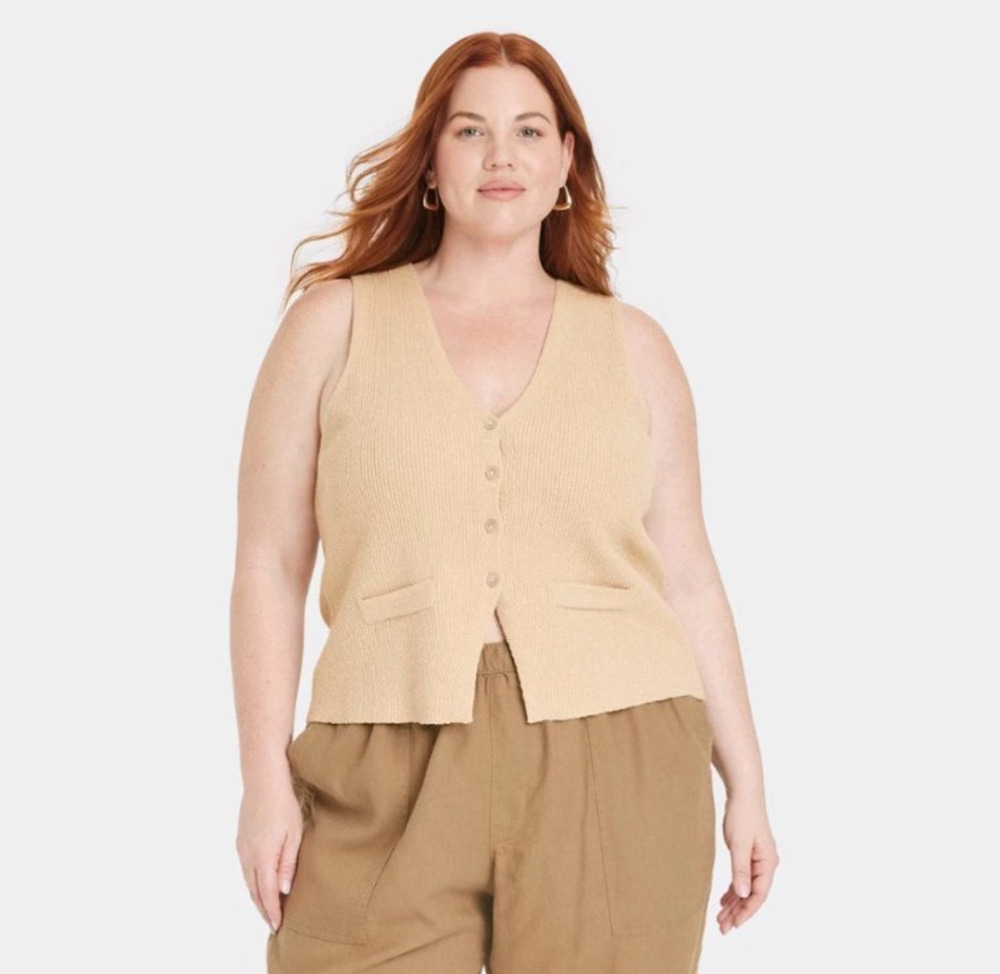 Women's Button Front Sweater Vest Tan 4X Sleeveless Business Casual